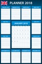 UK Planner blank for 2018. English Scheduler, agenda or diary template. Week starts on Monday