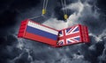 UK and Russia business trade deal. Clashing cargo containers. 3D Render