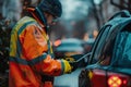 Uk Traffic Warden Issuing A Parking Ticket In A Closeup Shot