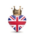 UK Union Jack heart with a gold crown. Queen Jubilee concept. 3D Rendering