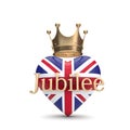 UK Union Jack heart with a gold crown. Queen Jubilee concept. 3D Rendering