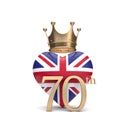 UK Union Jack heart with a gold crown. Queen Jubilee concept. 3D Rendering