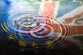 UK Union Jack and Stars of the European Union EU flags reflected in ripples of a water splash Royalty Free Stock Photo