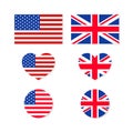 UK and usa flags. US-british union. Icon for american, english. Heart with america and england. Union jack with usa flag for Royalty Free Stock Photo