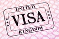 UK visa document immigration stamp passport page close up Royalty Free Stock Photo