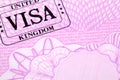 UK visa document immigration stamp passport page close up, copy space