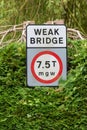 UK warning sign for a weak bridge with a maximum gross weight of 7.5t Royalty Free Stock Photo