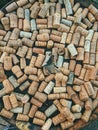 10.10.2020. Ukanc, Slovenia. Background of many vintage wine corks on the table in restaurant. Top view. Party and holiday concep