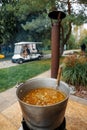 The ukha is being cooked in a large cauldron. Royalty Free Stock Photo