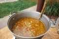 The ukha is being cooked in a large cauldron. Royalty Free Stock Photo