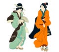 Ukiyo-e beauty woman, japanese geisha in kimono vector illustration. Japan art of asian girl, cute woman fashion Royalty Free Stock Photo