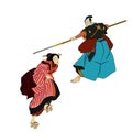 Ukiyo-e man and woman, japanese geisha in kimono, samurai illustration. Japan art of asian girl, fashion. Japanese style
