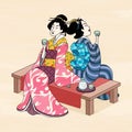 Ukiyo e style geisha enjoying sake