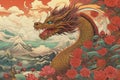 ukiyo-e style paint dragon with mountain and flowers ,Generater by AI , Royalty Free Stock Photo