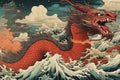 ukiyo-e style paint dragon with waves and sea,Generater by AI , Royalty Free Stock Photo