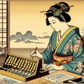 89 26 Ukiyo e style woodblock print of a businesswoman in trait