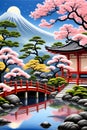 Ukiyoe style painting of Japanese garden with blossoms tree and mountain view, design, art, nature