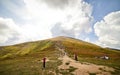 UKRAINE - August 24. 2019. Mount Hoverla. Carpathians in Ukraine in summer. Tourists climb to the top of the mountain. Picturesque