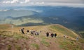 UKRAINE - August 24. 2019. Mount Hoverla. Carpathians in Ukraine in summer. Tourists climb to the top of the mountain. Picturesque