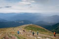 UKRAINE - August 24. 2019. Mount Hoverla. Carpathians in Ukraine in summer. Tourists climb to the top of the mountain. Picturesque