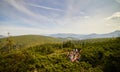 UKRAINE - August 24. 2019. Mount Hoverla. Tourists climb to the top of the mountain. Picturesque landscape panorama view of the