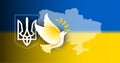Ukraine background with dove of peace, Ukraine coat of arms and Ukraine map and flag - vector illustration. Peace for Ukraine, Royalty Free Stock Photo