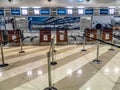 Empty check-in desks for flights at terminal F of Boryspil Airport. Cash desks with baggage