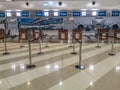 Empty hall of terminal F at Boryspil International Airport. Flight check-in desks with
