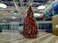 New Year tree 2020 in terminal F of Boryspil International Airport. Tall Christmas tree