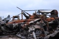 Ukraine, Bucha - 04.21.2022: Cemetery of broken military equipment