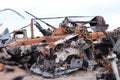 Ukraine, Bucha - 04.21.2022: Cemetery of broken military equipment