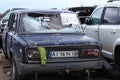 Ukraine, Bucha - 04.21.2022: A sheet of paper with the inscription `Children` on the shot glass of the car.