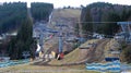 Ukraine, Bukovel - November 20, 2019. Autumn view of the ski resort with a chairlift against the background of autumn mountain