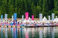 Ukraine, Carpathians, Bukovel. August 2019. People rest on the lake_