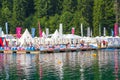 Ukraine, Carpathians, Bukovel. August 2019. Summer vacation tourists by the water_