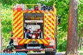 Ukraine, Cherkasy - June 1, 2023:Modern fire engine. Rear view of valves with hydrants Royalty Free Stock Photo
