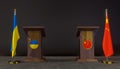 Ukraine and China flags. Ukraine and China flag. Ukraine and China negotiations. Rostrum for speech. 3D work and 3D image Royalty Free Stock Photo