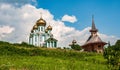 A church with golden domes against a background of blue sky with white clouds. Royalty Free Stock Photo