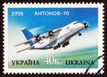 UKRAINE - CIRCA 1998: A stamp printed in Ukraine from the `Aircraft` issue shows Antonov-70, circa 1998.