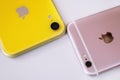 22.08.2019 Ukraine: Closeup yellow iphone xr and pink iphone 6s on isolated background