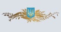 Ukraine Coat of Arms. State Emblem of Ukraine with a wreath of herbs and flowers.