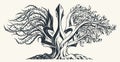 Ukraine concept national emblem Trizub trident shown as an ancient tree with two sides, left side with thorns symbolizes pain and