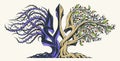 Ukraine concept national emblem Trizub trident shown as an ancient tree with two sides, left side with thorns symbolizes pain and