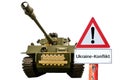 Ukraine conflict warning sign with tank white background isolated in german Royalty Free Stock Photo