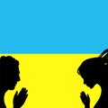 Ukraine crisis war in ukraine flag colors vector pray for peace national flag. People man and woman hands pray for world support