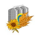 Ukraine crisis. Wheat Storage Elevators behind Ears of Wheat and Sunflower decorated with Ukrainian Flag.