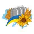 Ukraine crisis. Wheat Storage Elevators behind Ears of Wheat and Sunflower decorated with Ukrainian Flag.