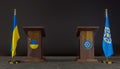 Ukraine and CSTO flags. Ukraine and CSTO flag. Ukraine and CSTO negotiations. Rostrum for speech. 3D work and 3D image Royalty Free Stock Photo