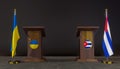 Ukraine and Cuba flags. Ukraine and Cuba flag. Ukraine and Cuba negotiations. Rostrum for speech. 3D work and 3D image Royalty Free Stock Photo