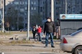 Ukraine, Dnipro - April 07, 2020. People of the city of Dnieper during the quarantine in the morning on the street, failure to Royalty Free Stock Photo